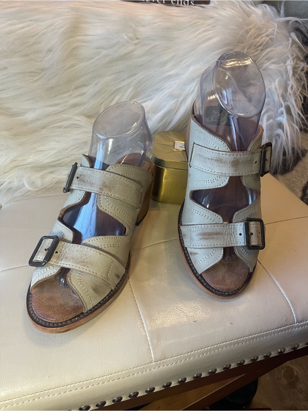 Freebird by Steven "Caprice" Leather Mule Sandal in Cream/Gray Colorway
